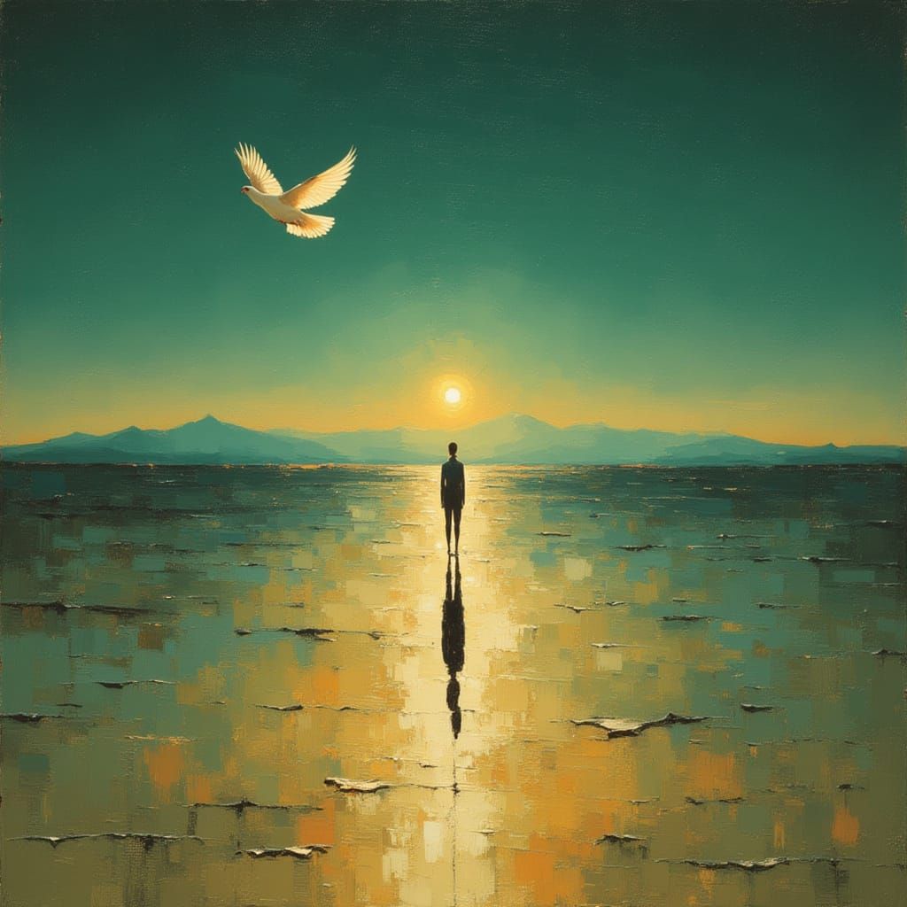 Alien Landscape with Figure and Iridescent Dove