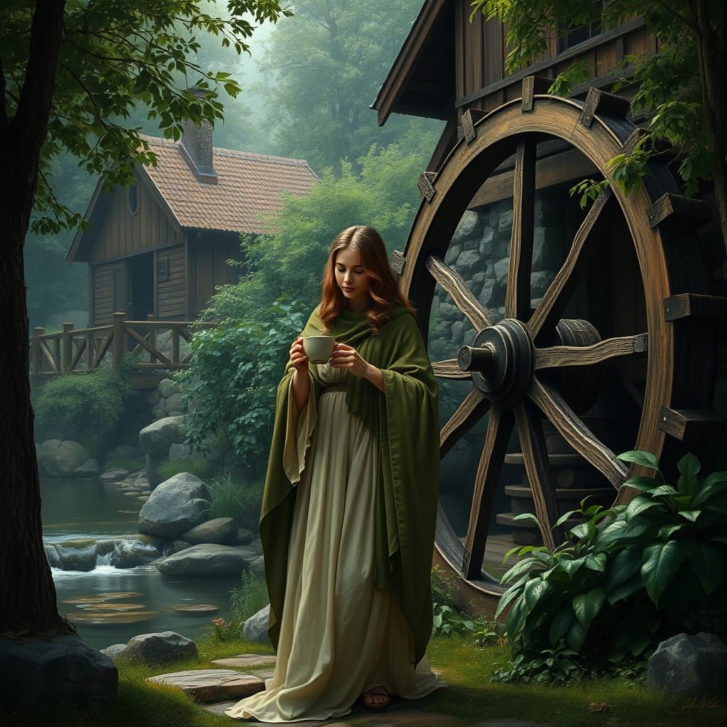 Watermill Scene with Woman and Coffee in Realismo Style