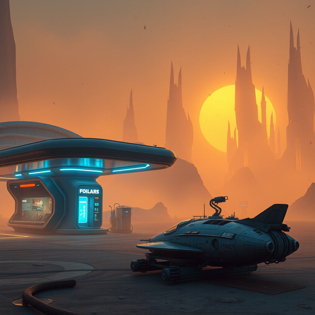 Futuristic Alien Gas Station on Neon Planet in Cyberpunk Sty...