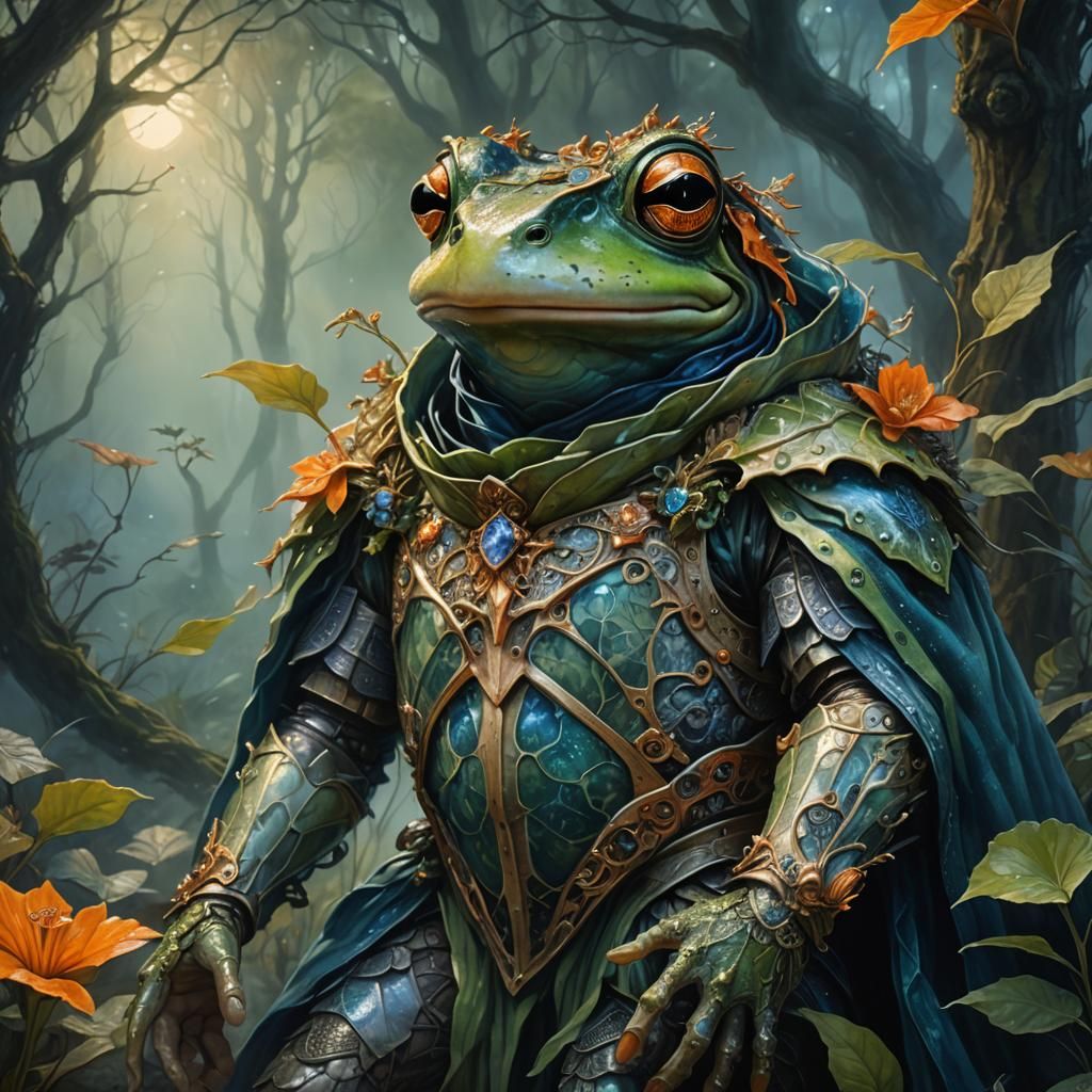 Frog in Armor Holding Baby, Fine Art Portrait