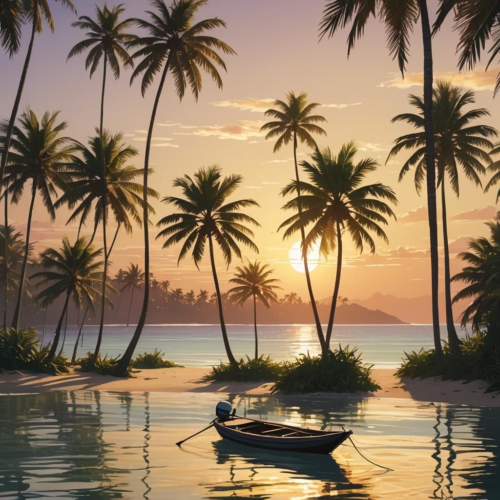 Tranquil Beach Scene with Boat in 3D Anime Style