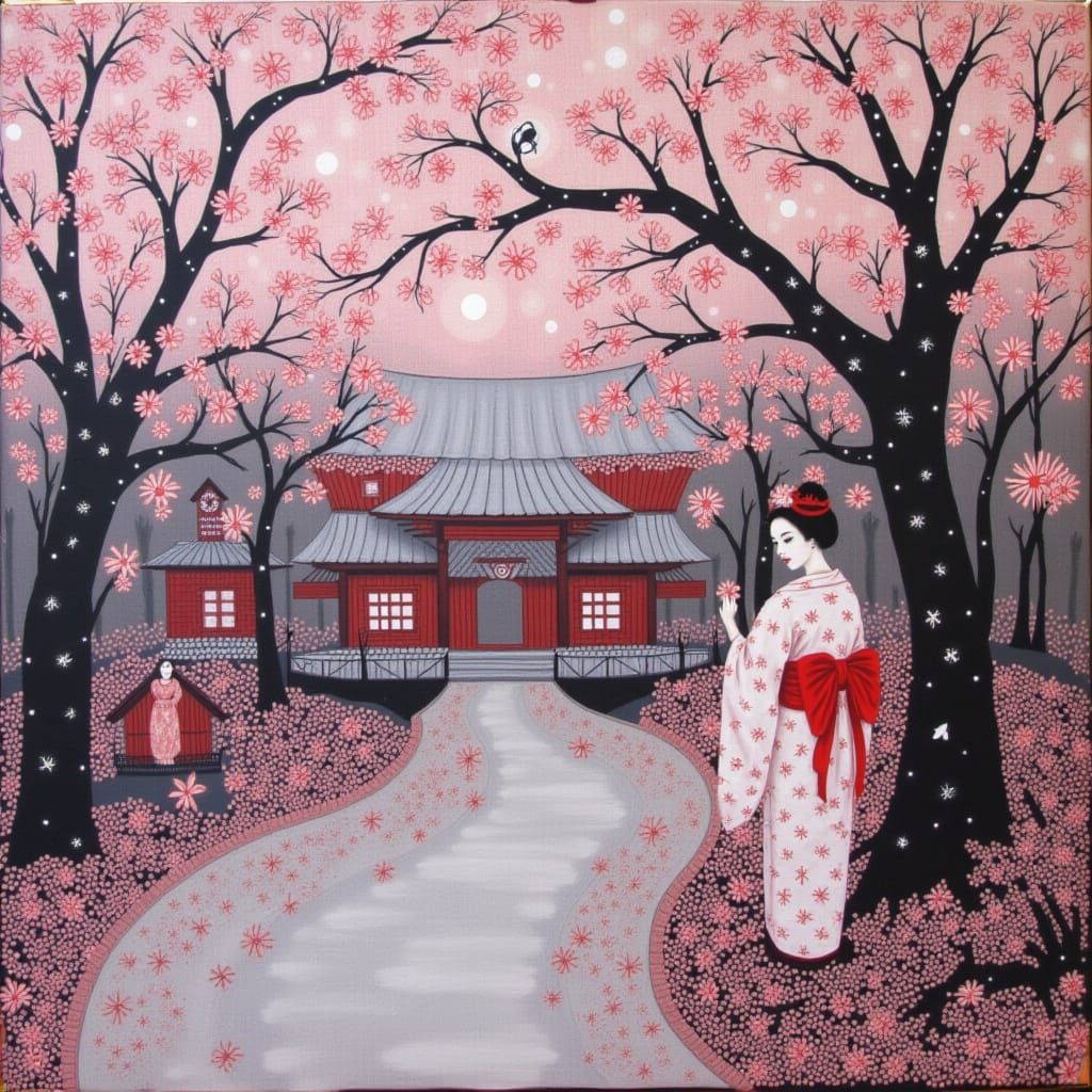 Geisha Amidst Cherry Blossoms