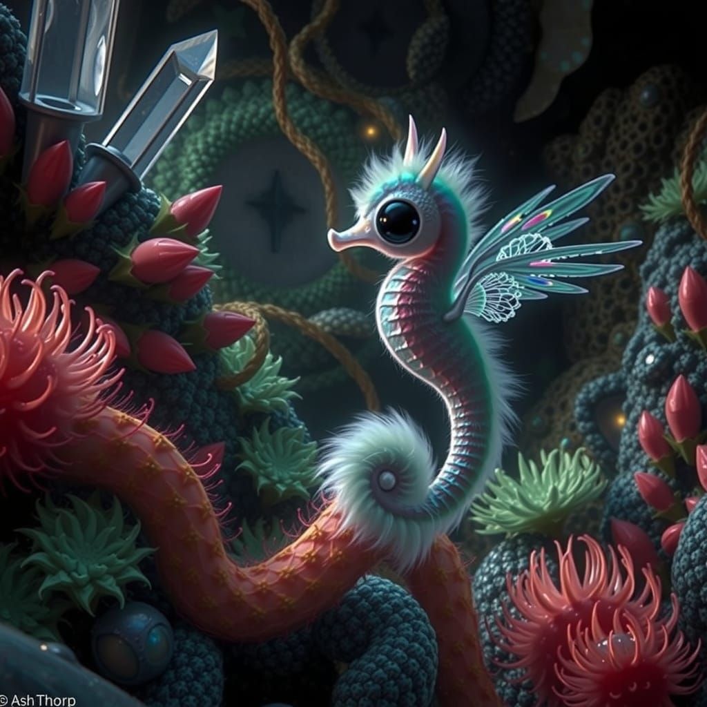 Iridescent Seahorse with Wings in Crystal Cave