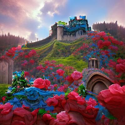 Fantasy Castle Surrounded by Roses, Detailed Matte Painting