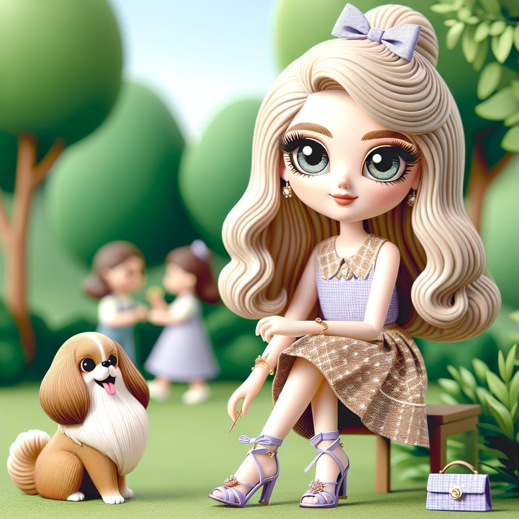 Disney Pixar style 3D beautiful Barbie doll, wearing a cute dress and high heels, long blonde hair, perfect make up, bow...