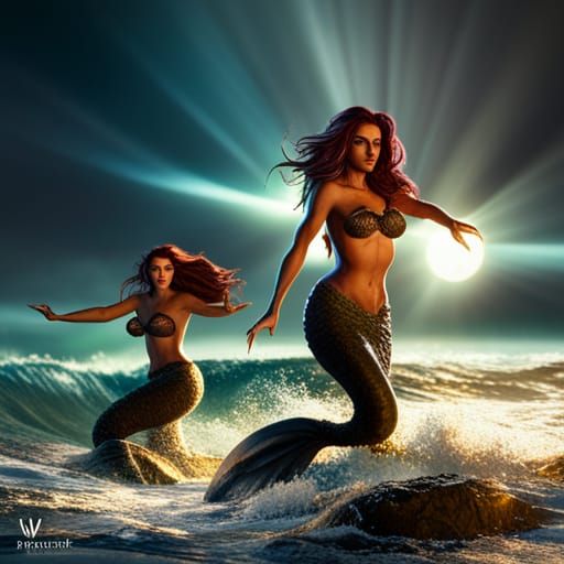 mystical mermaids, sea, waves a masterpiece, 8k resolution, dark fantasy concept art, by Greg Rutkowski, dynamic lightin...