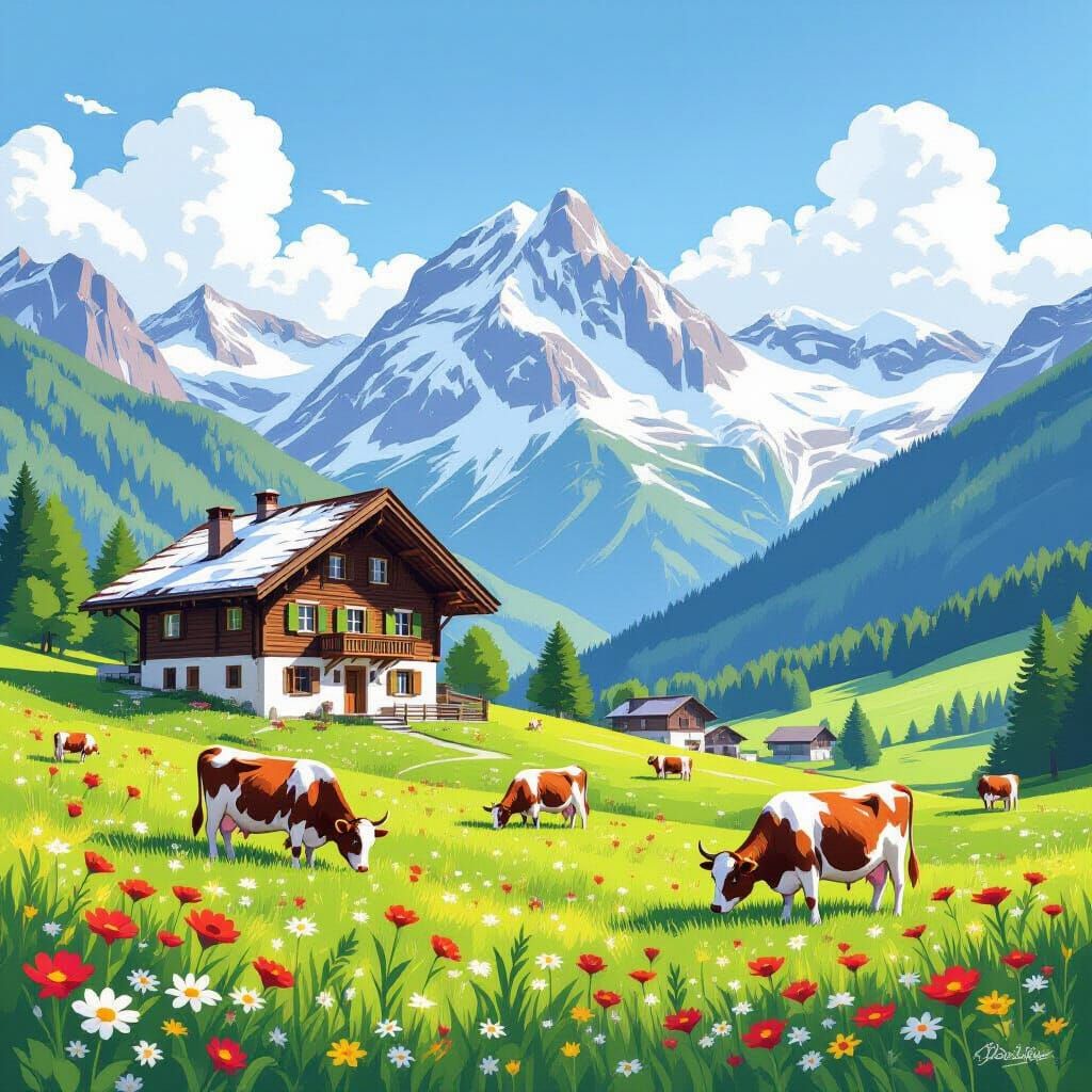 Charming Swiss Chalet in Alpine Meadow with Grazing Cows