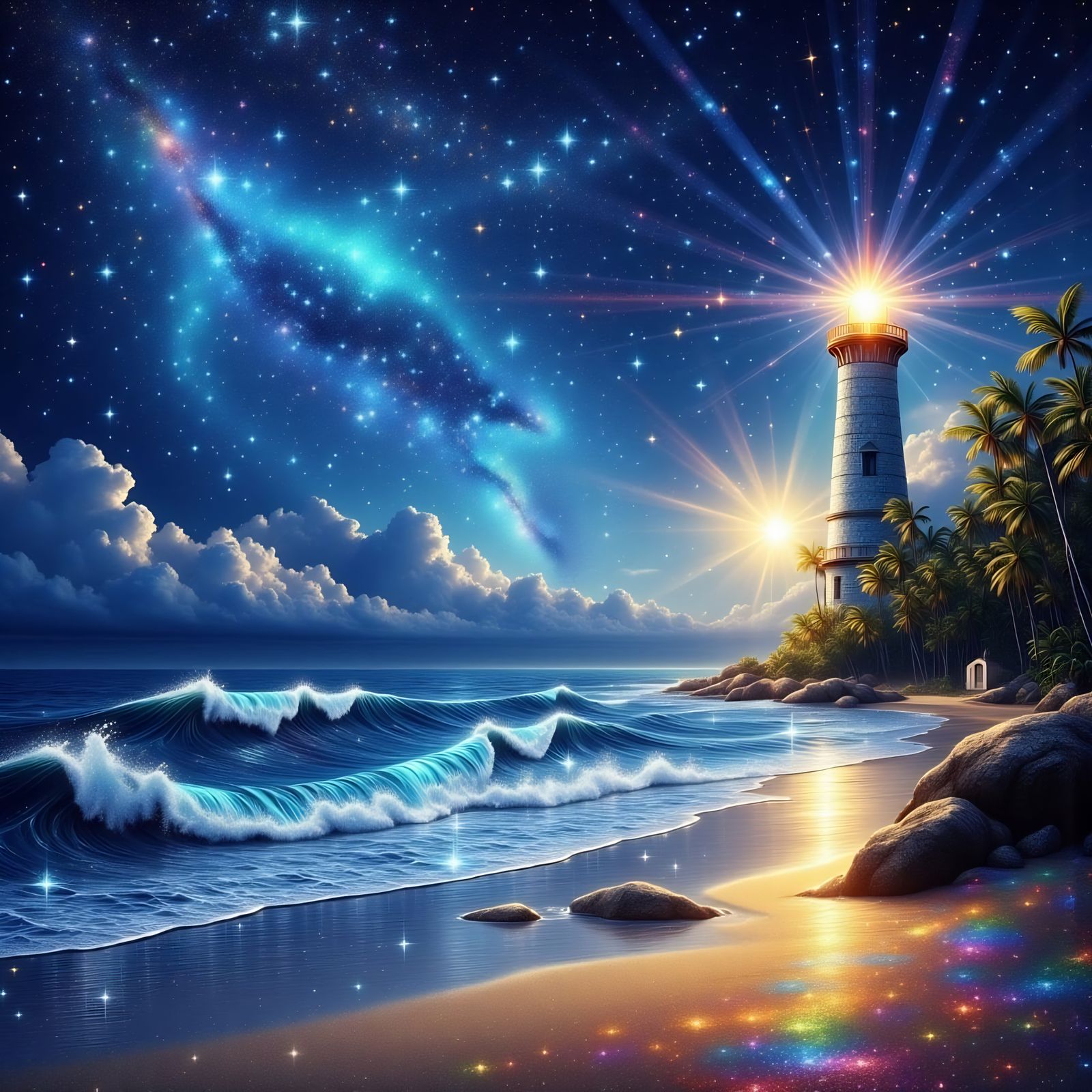 Multicolor Lighthouse Shines Rainbow Light on Starry Beach