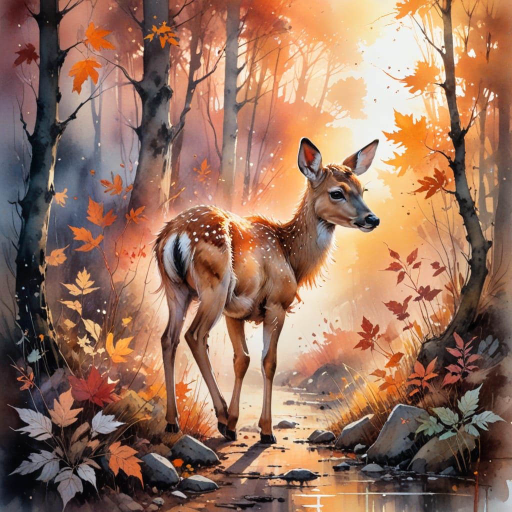 Fawn on Autumn Path in Watercolour Style
