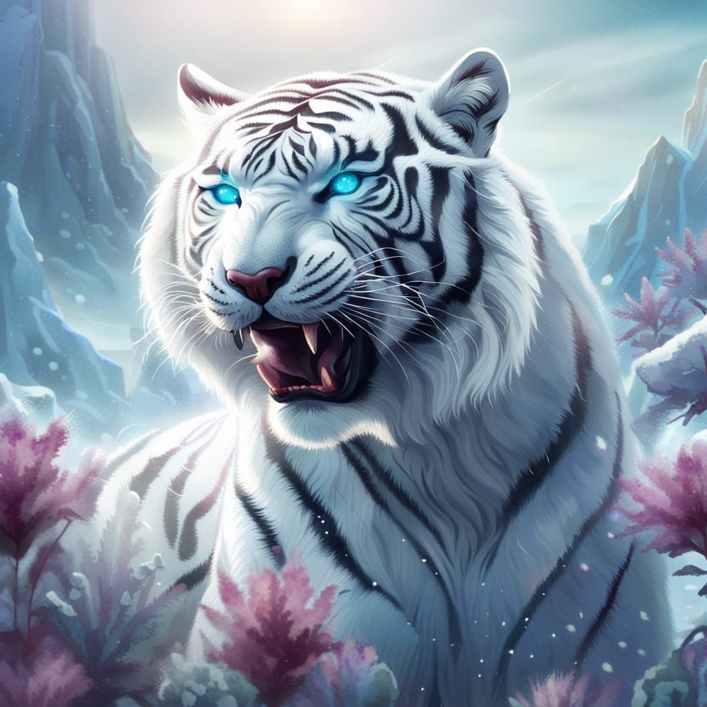 Roaring White Tiger in Frozen Arctic Landscape
