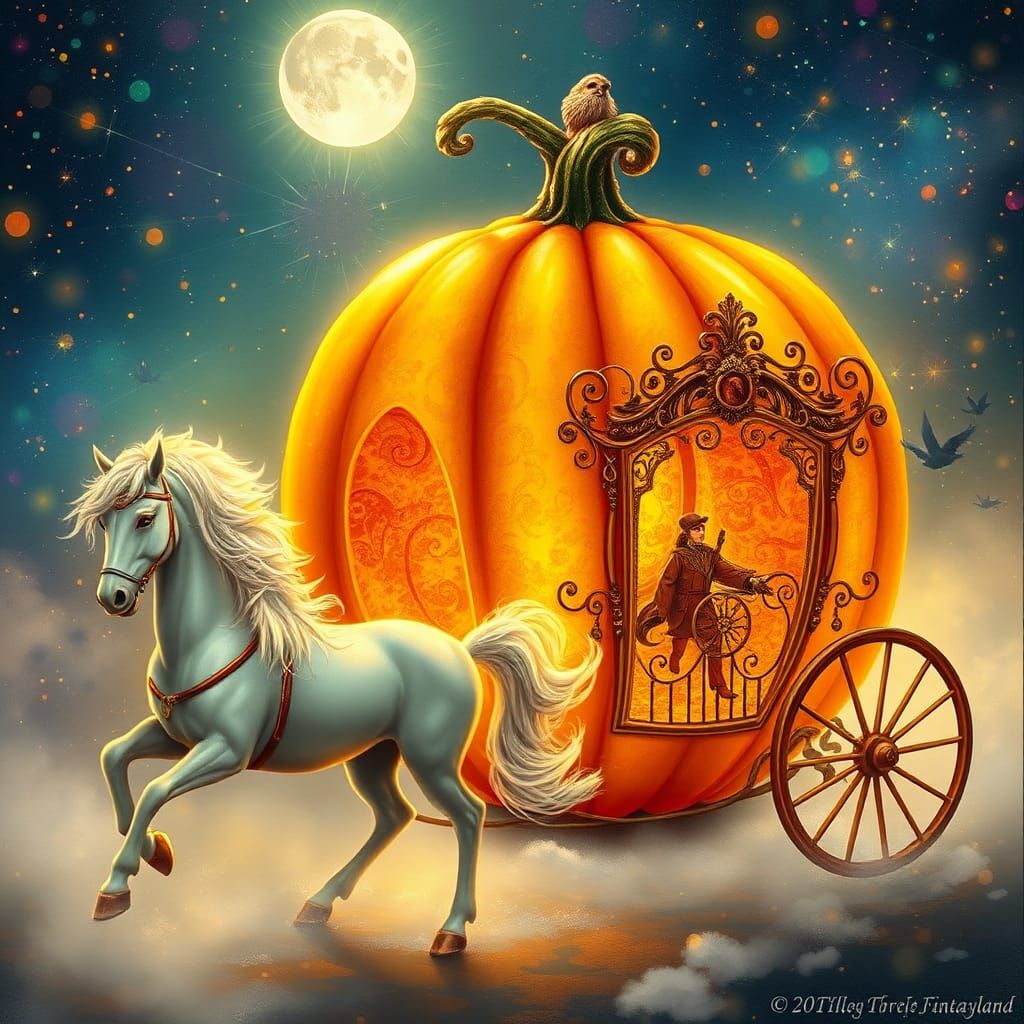 Pumpkin Carriage Fantasy Illustration with White Horse