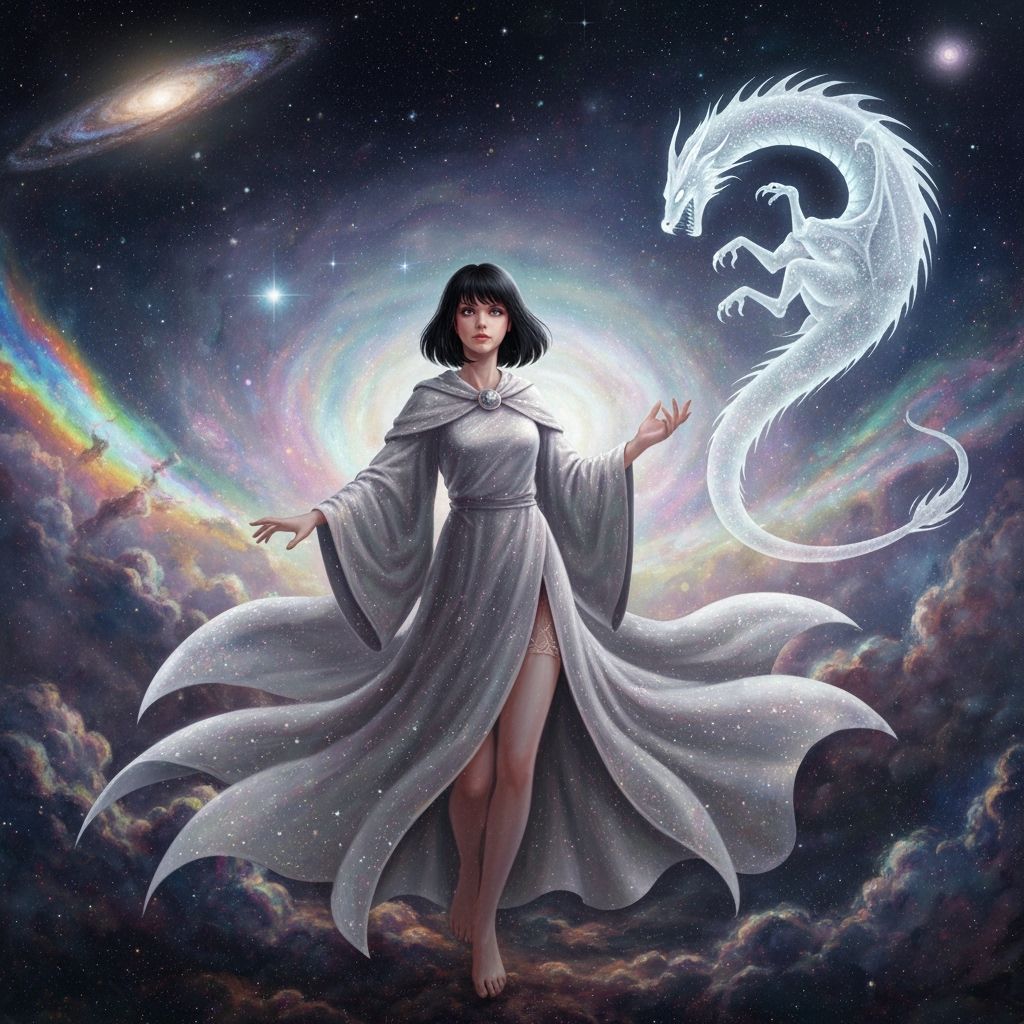 Ethereal Mage Conjures Spectral Dragon in Cosmic Dreamscape