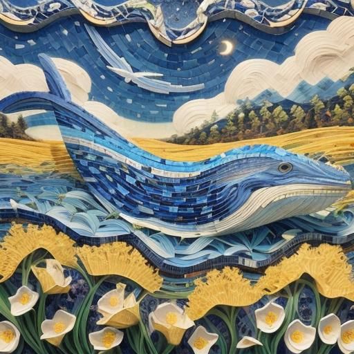 Blue Whale in Flower Field: Baroque Naive Art