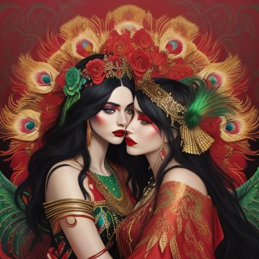 Metallic Women with Peacock Feathers, Digital Art