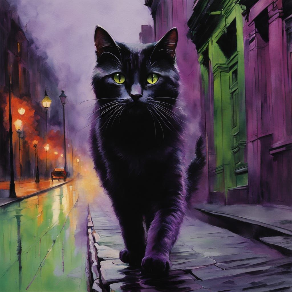 Close-up of a cat walking down a city sidewalk