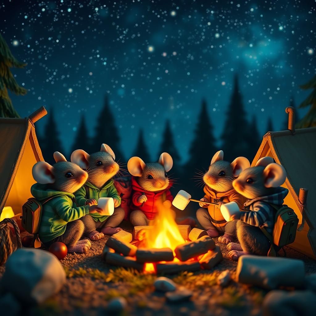 Mice Campfire Under Starry Night Sky