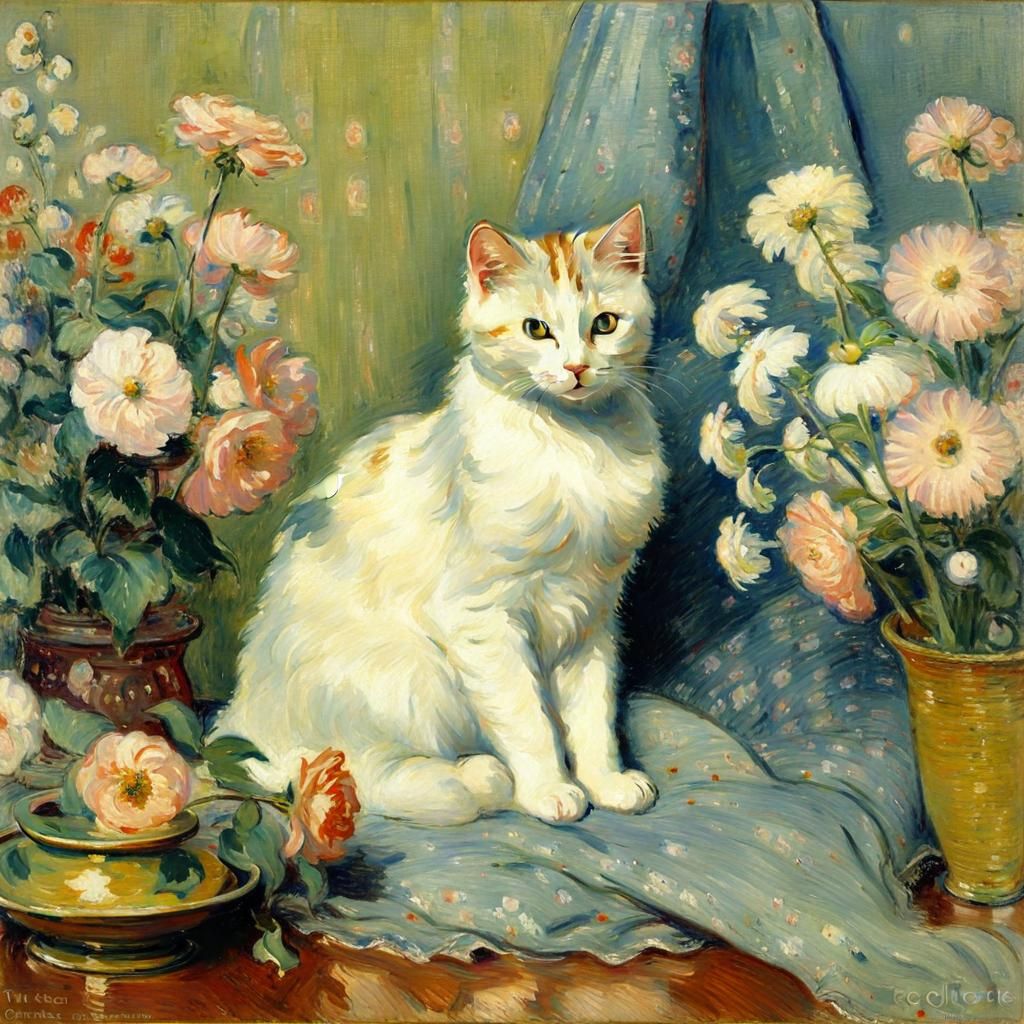 Cat Surrounded by Flowers in Impressionistic Style