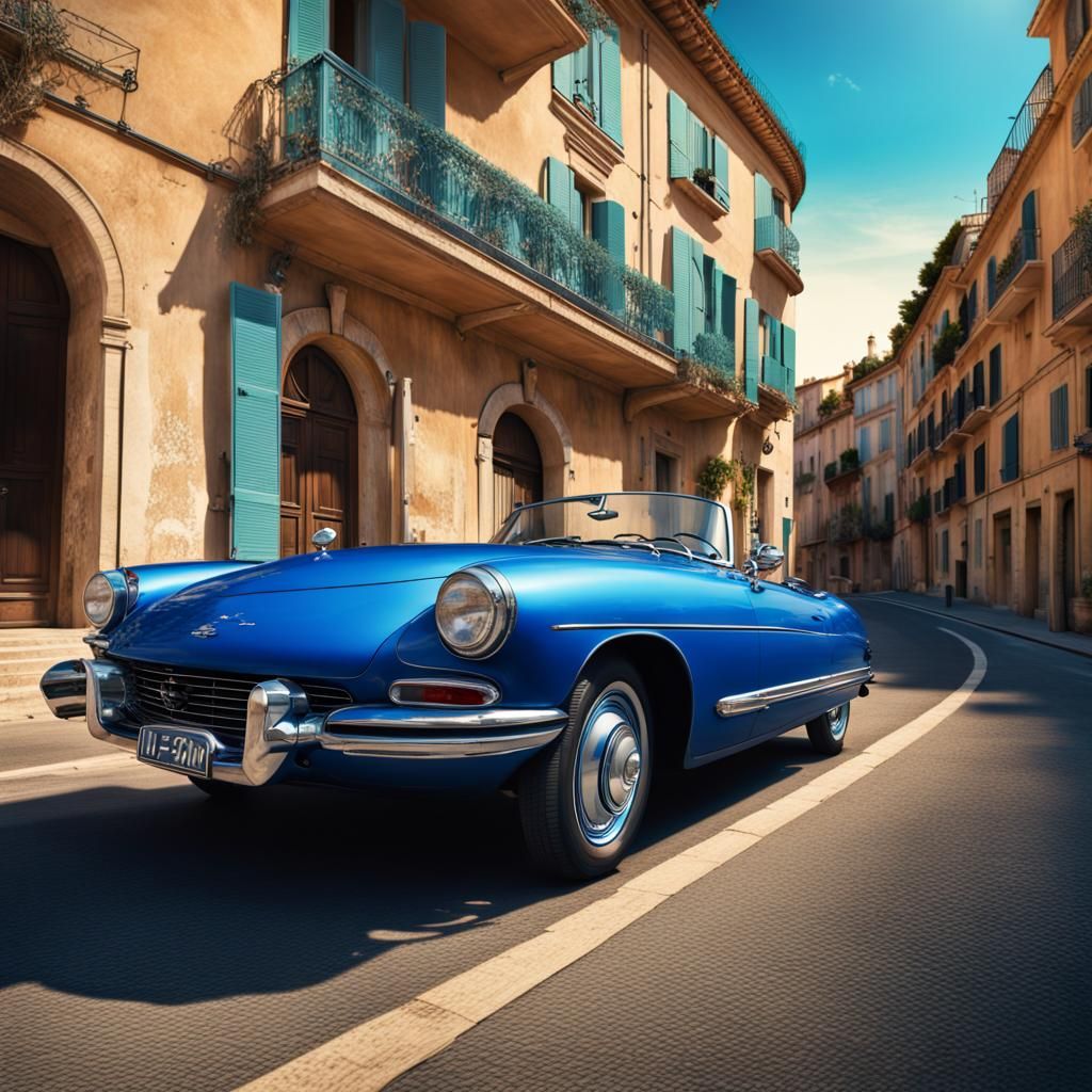 Blue Convertible on the French Riviera: Digital Painting