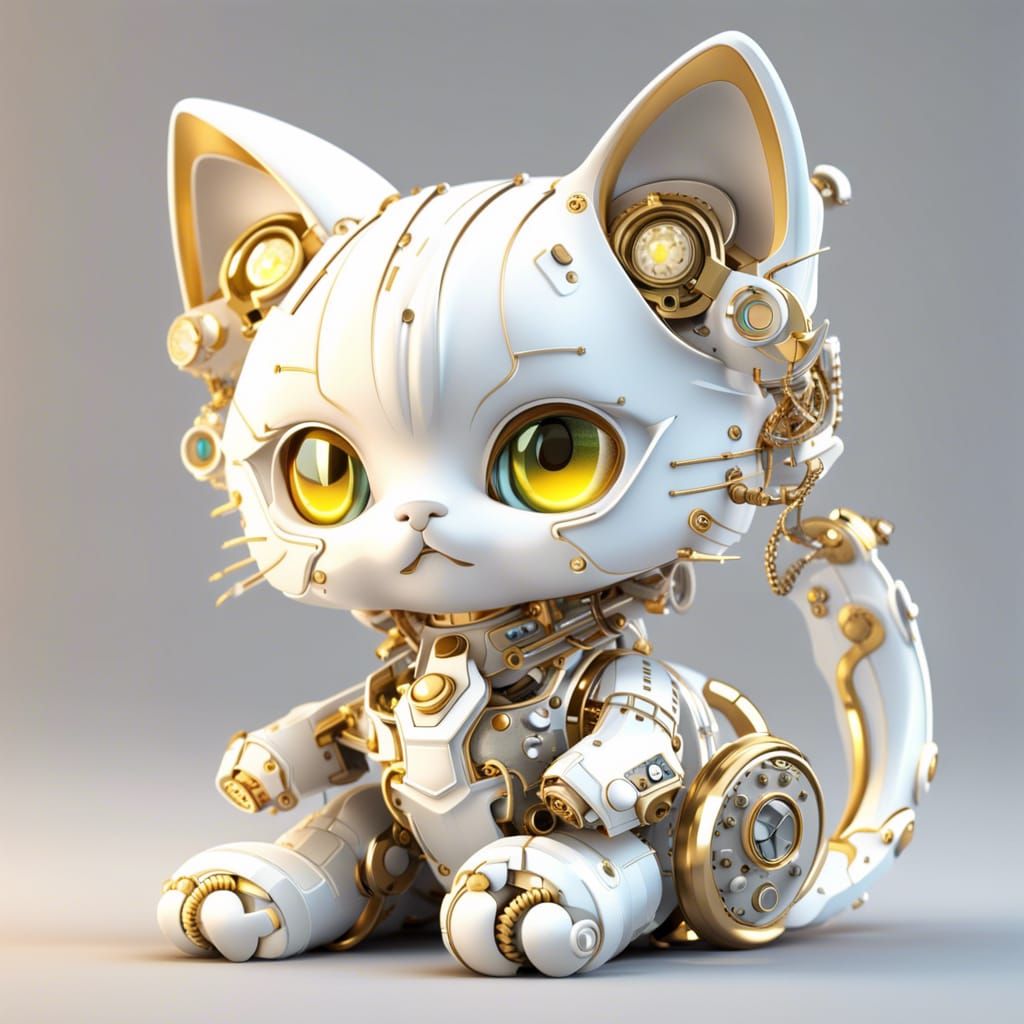 Cyberpunk Porcelain Kitten Robot: 3D Render