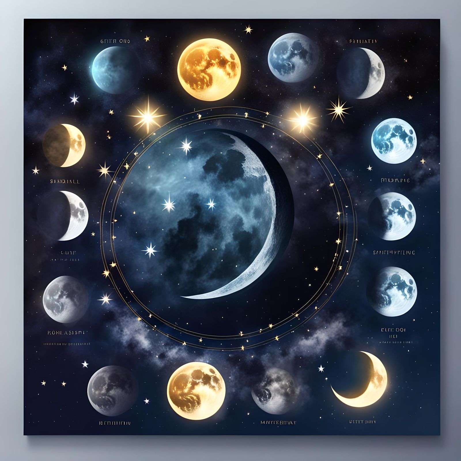 Eight Moon Phases in Watercolor Night Sky