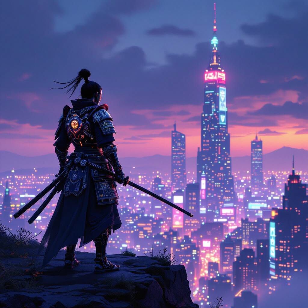 Cyberpunk Samurai on Cliff Overlooking Neon City