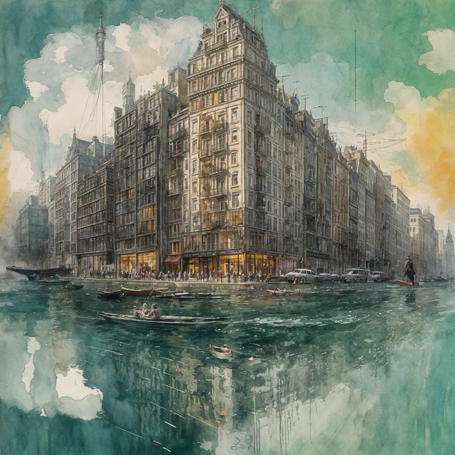 Skyscraper Door: Double Exposure in Gouache Style