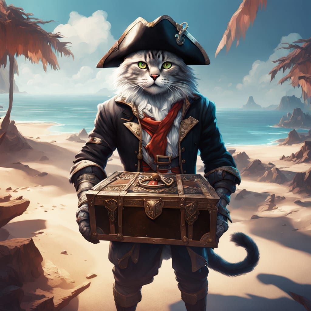 Surreal Pirate Cat Unveils Treasure in a Dynamic Beach Scene