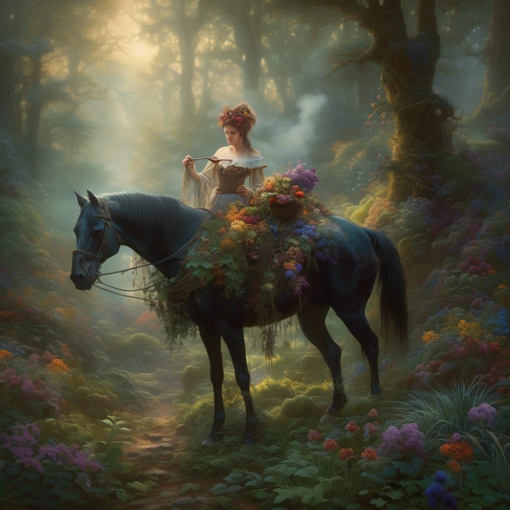 Forager Girl with Horse in Misty Forest
