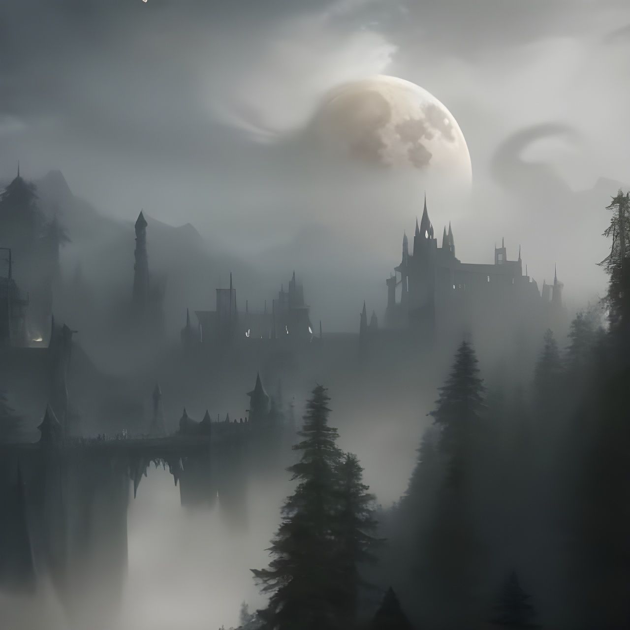 Epic Castle Landscape with Red Moon, Anime Style