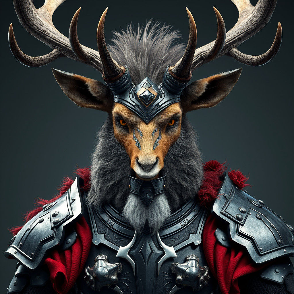 Armored Stag-Viking Hybrid Portrait in Art Nouveau Style