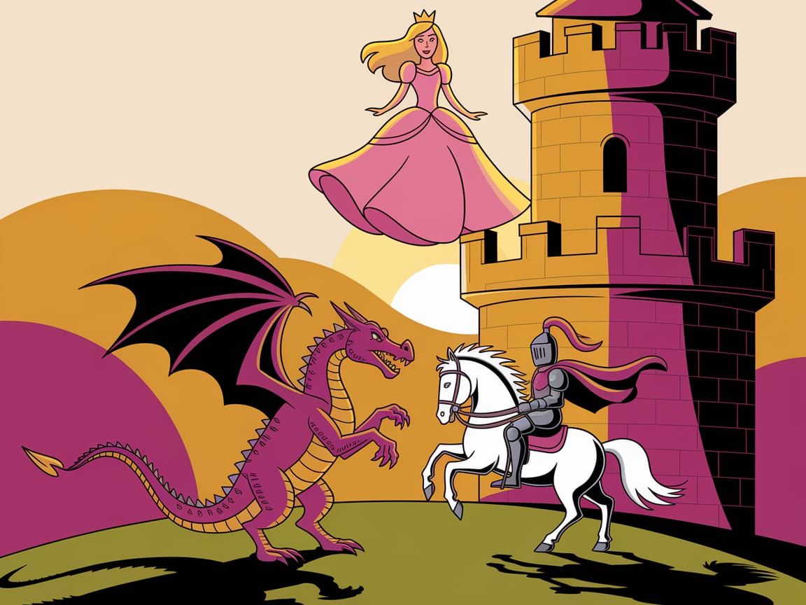 Cartoon Princess in Tower with Dragon and Knight