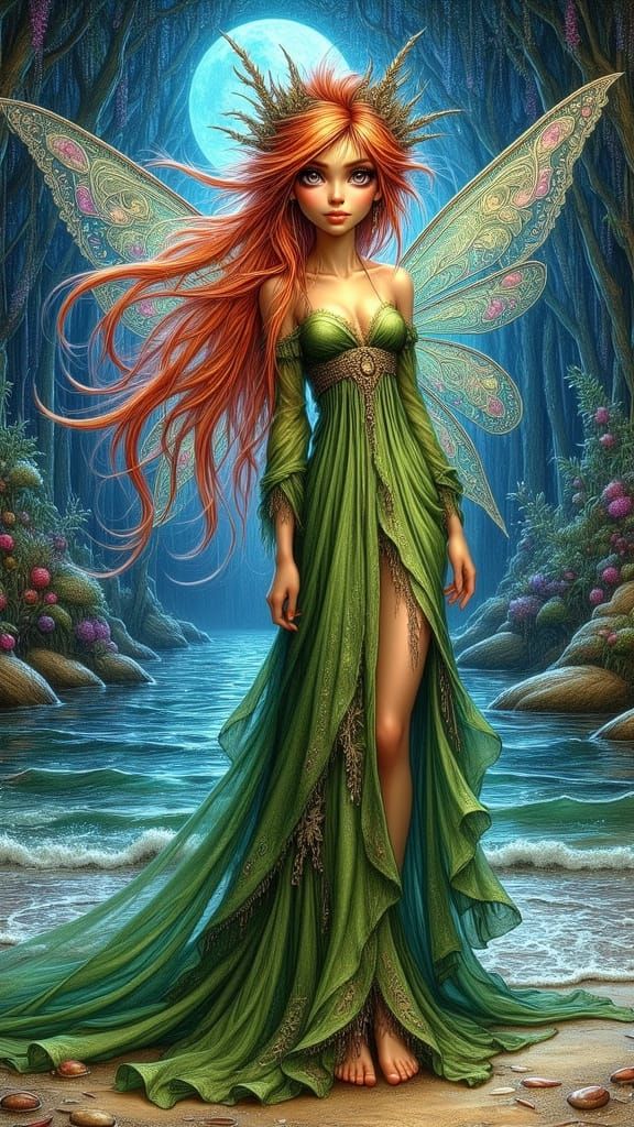 Enchanted Fairy Goddess Over the Serene Sea in Whimsical Dig...