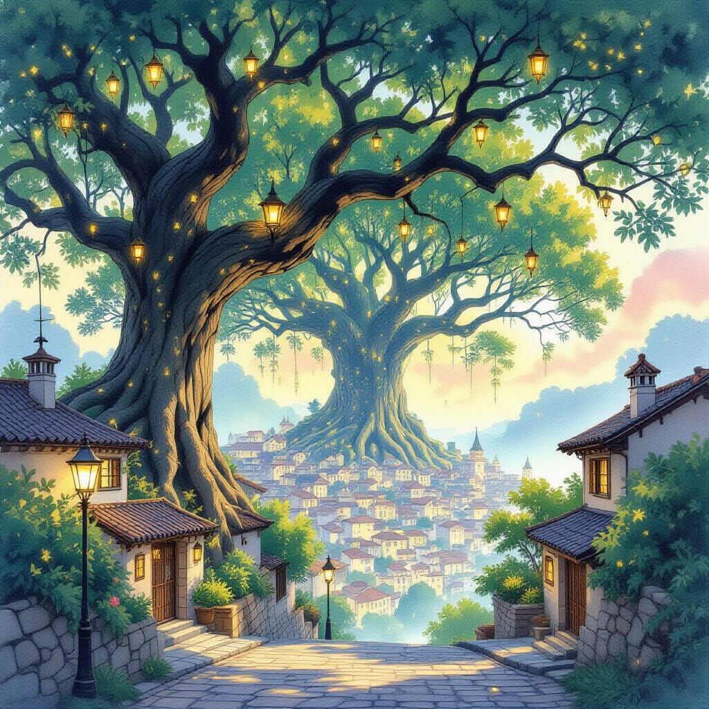 Enchanted Tree City Lit by Firefly Lanterns