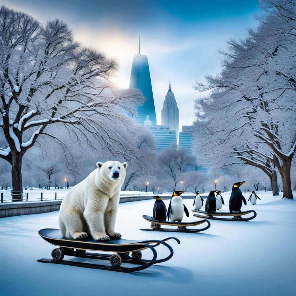 Whimsical Polar bears and Penguins wearing toboggans, neck s...