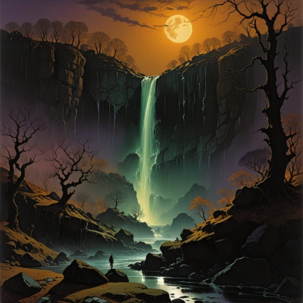 Eerie Dystopian Waterfall in Autumn Light