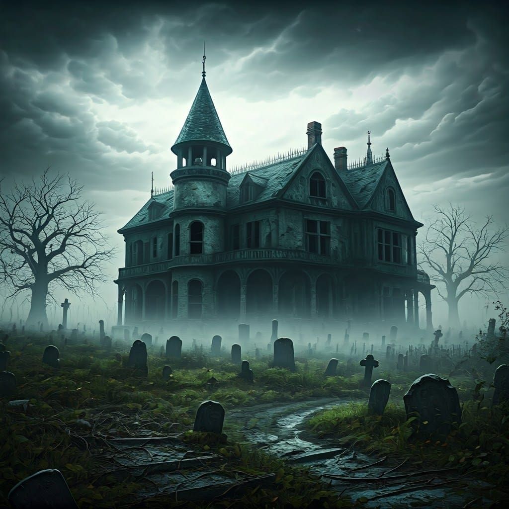 Dilapidated Mansion Under Ominous Skies