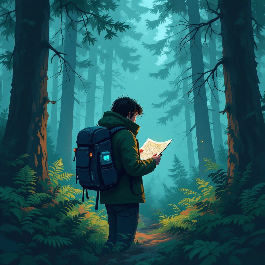 Hiker Navigating Forest in Digital Art Style