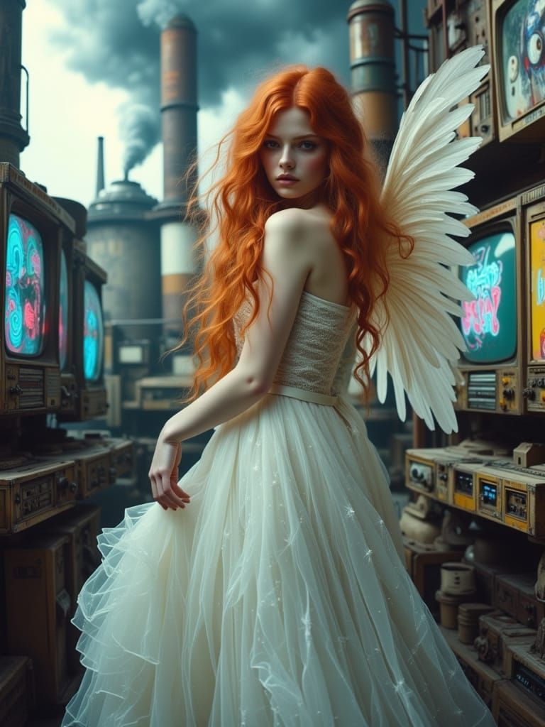 Fiery Angel in Glitchcore Industrial Wasteland