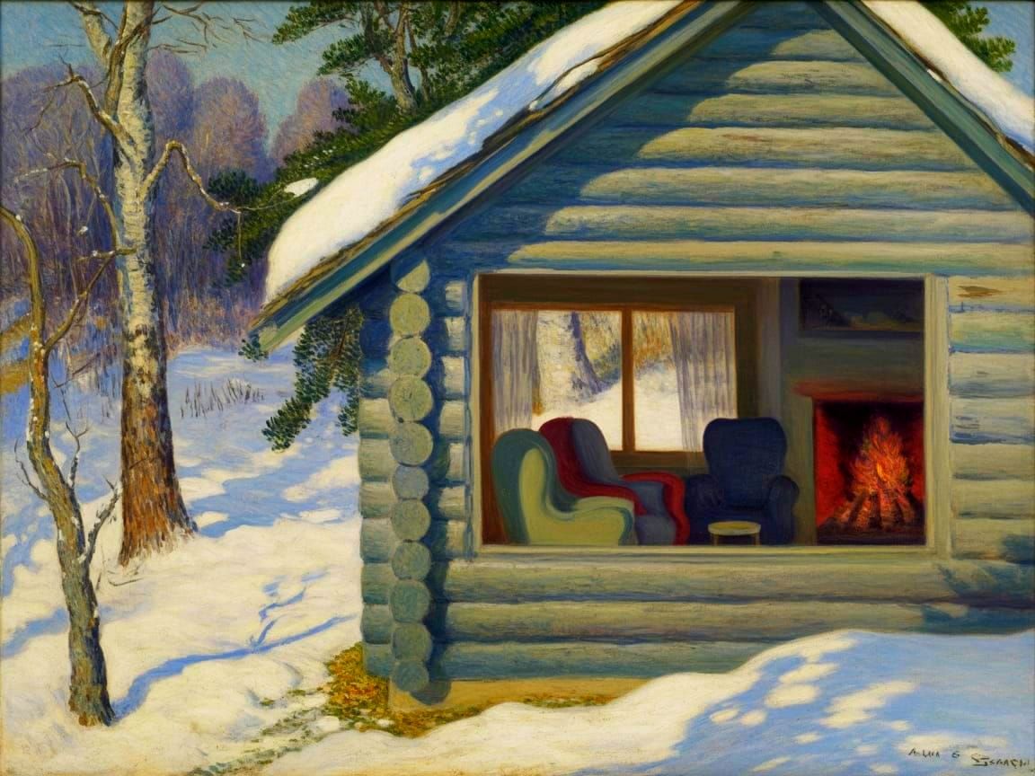 Winter Cabin in Impressionist Style