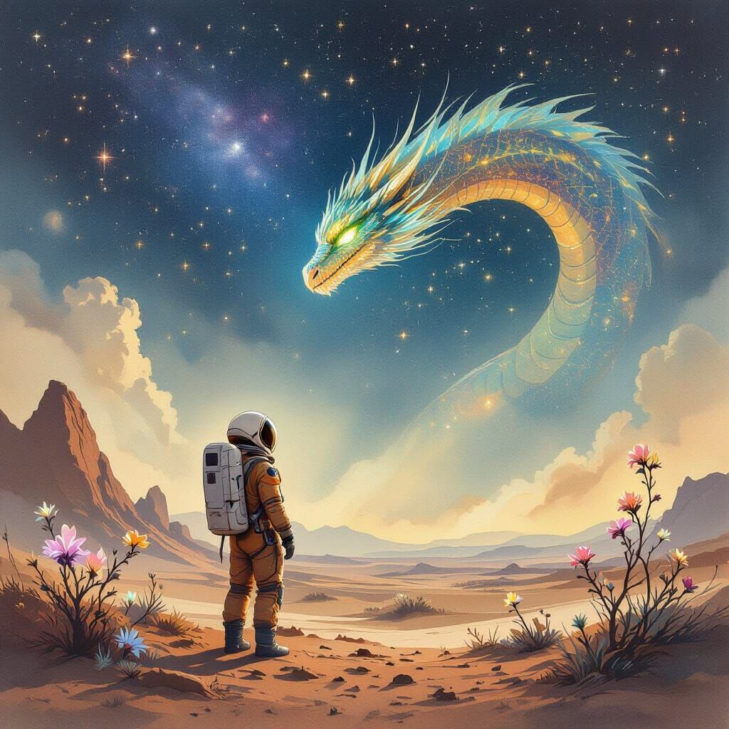 Astronaut and Bioluminescent Dragon in Cosmic Watercolor Sty...