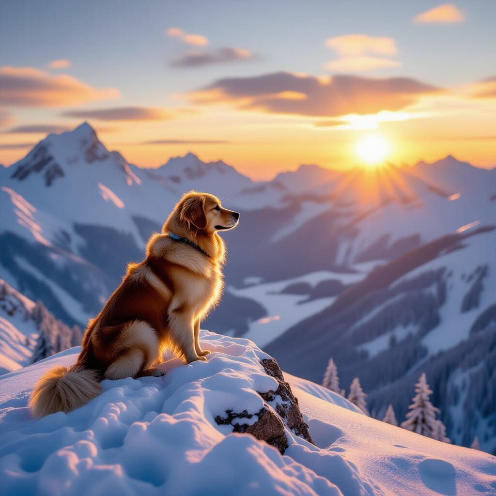 Golden Retriever on Mountain Peak at Golden Hour