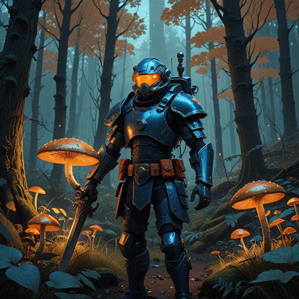 Ethereal Clockwork Warrior Emerges from Mystical Forest