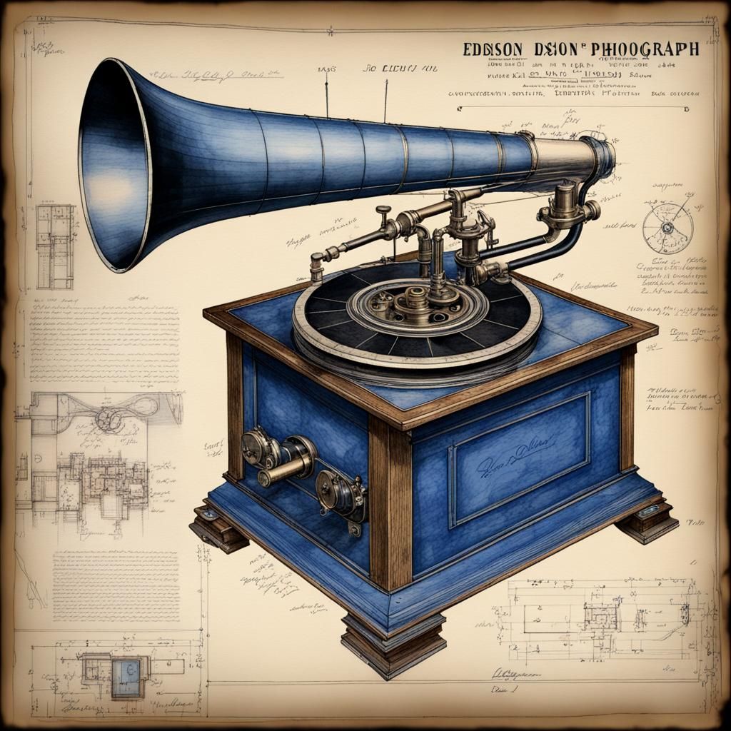 Edison Phonograph Blueprint in Da Vinci Style