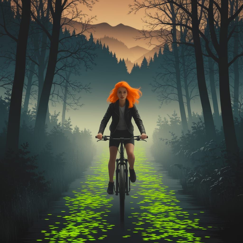 Woman on Bicycle in Misty Neon Forest