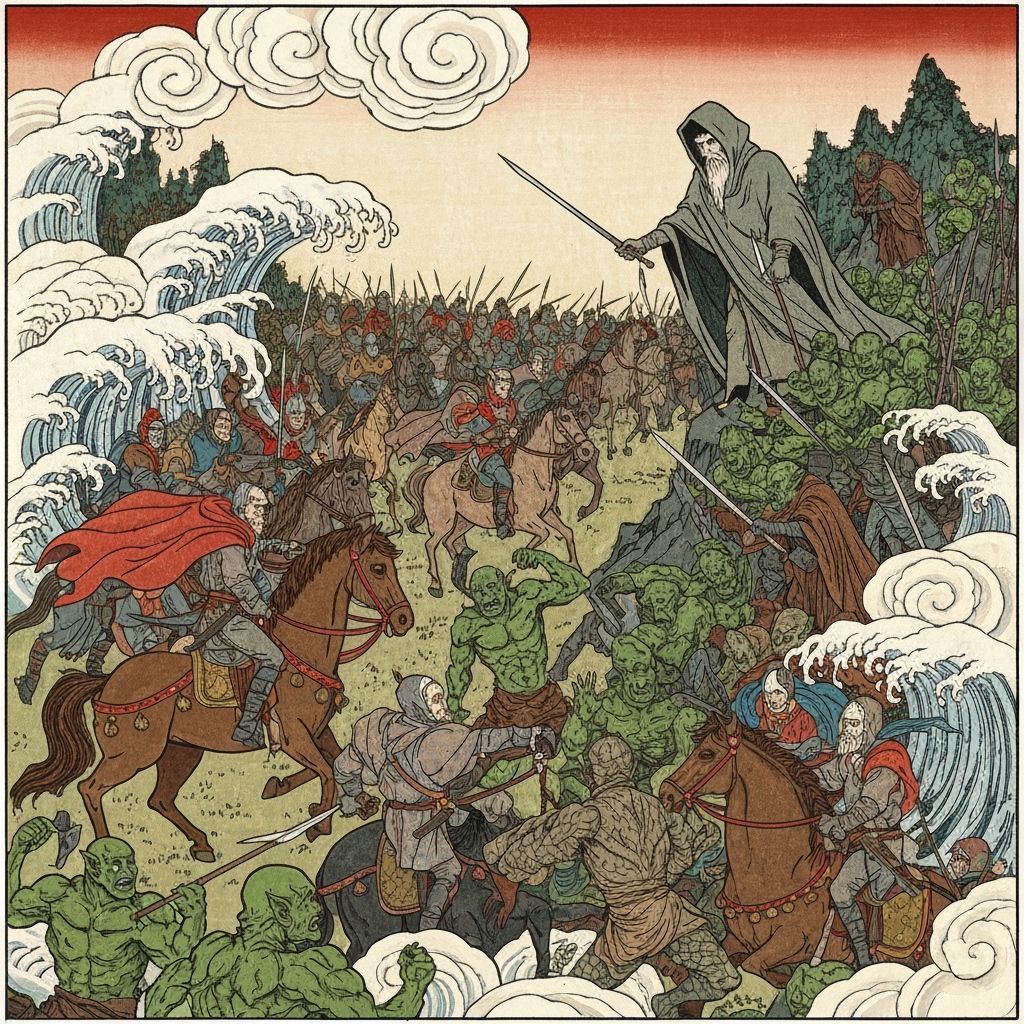 Ukiyo-e Style Battle at Minas Tirith with Rohan Cavalry vs O...