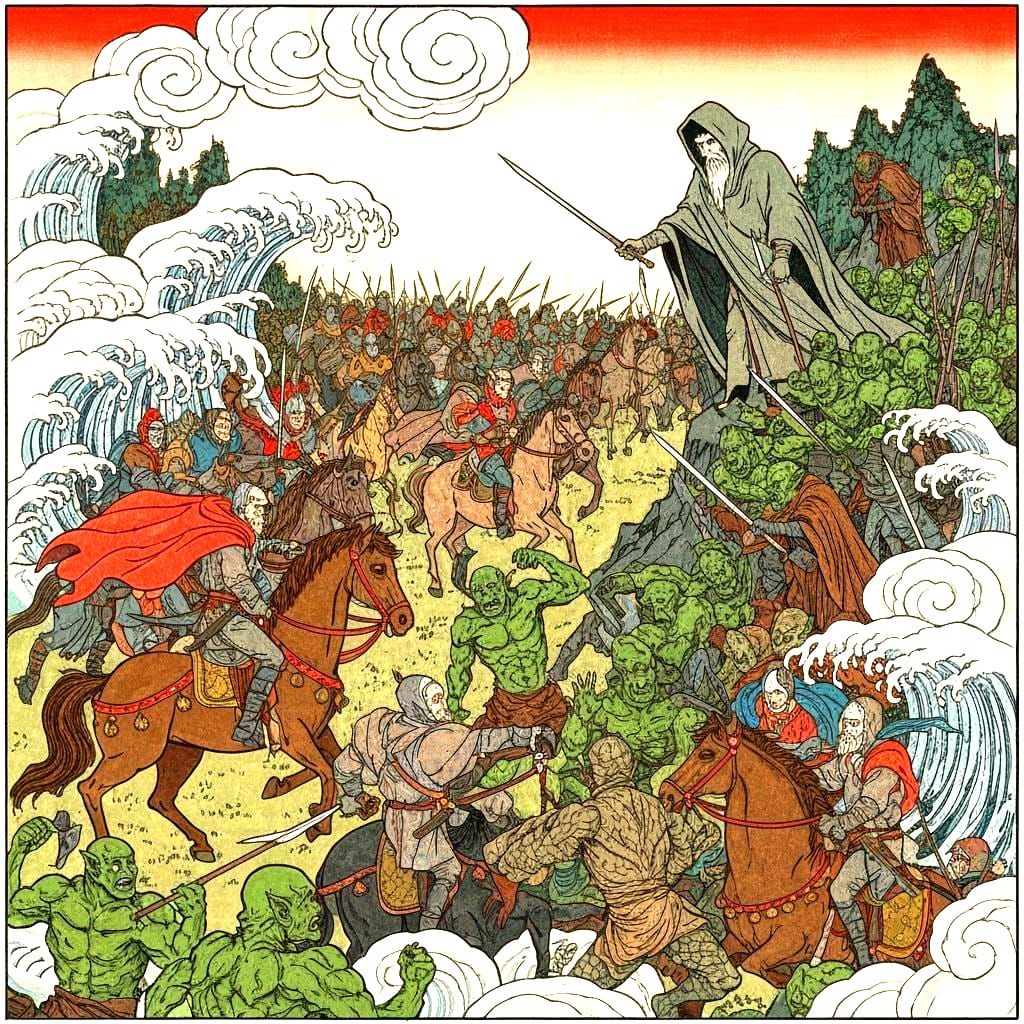 Ukiyo-e Style Battle at Minas Tirith with Rohan Cavalry vs O...