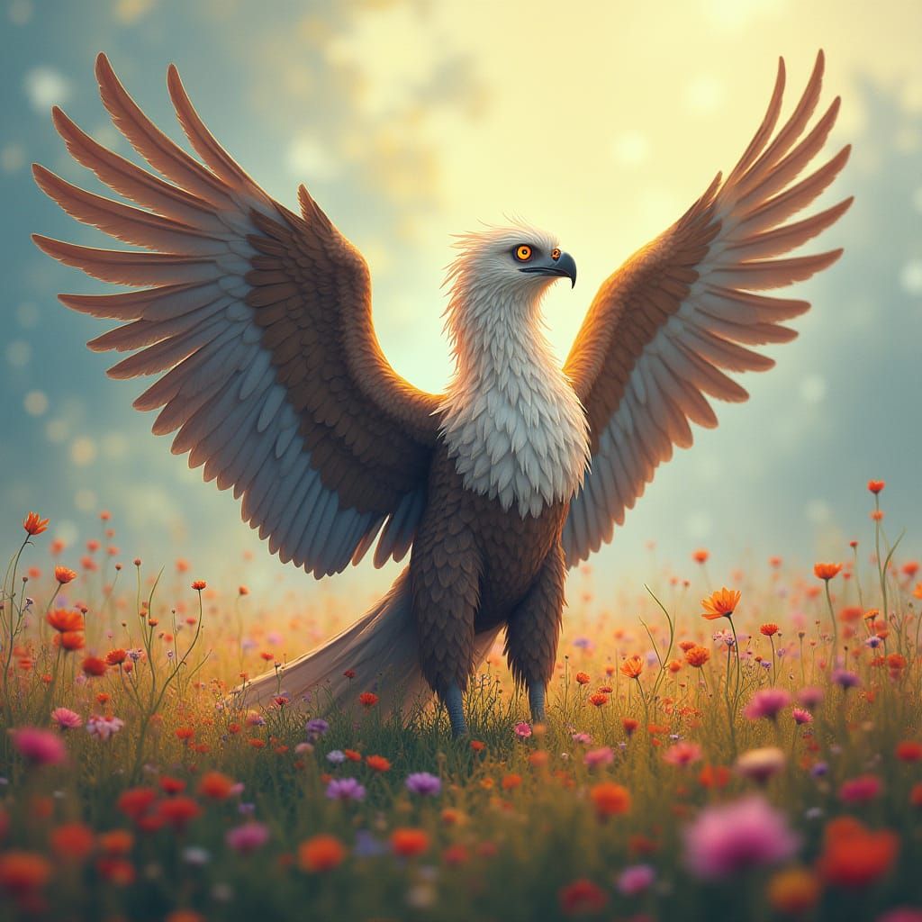 Griffin in Wildflower Field at Sunrise, Art Nouveau Style