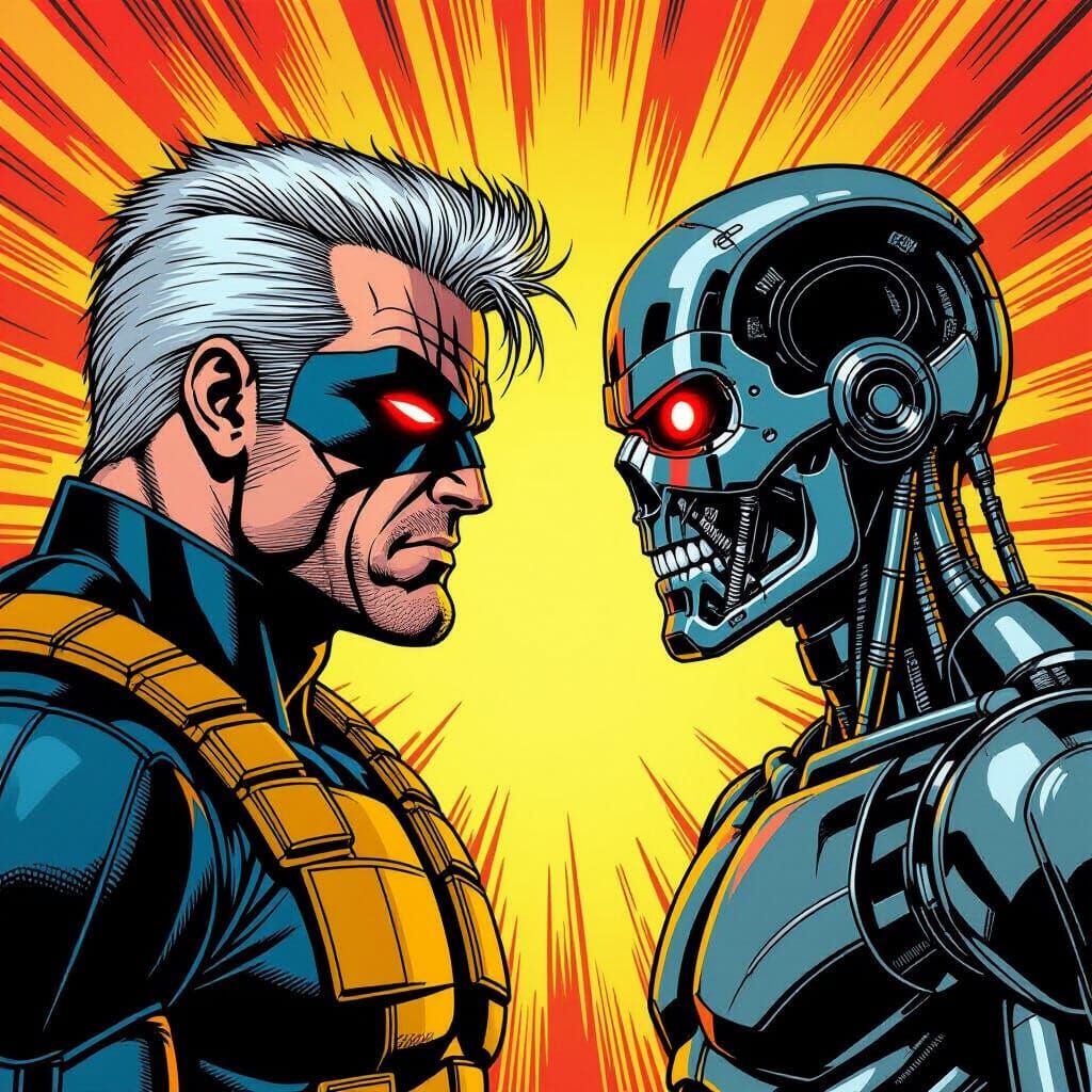 Cable Battles Terminator in Retro Comic Style