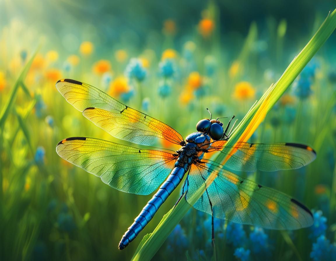 Colorful Dragonfly in Sunlit Meadow, Hyper-Realistic Art
