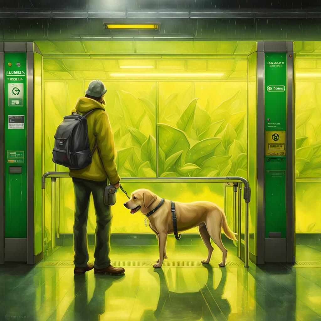 Crystal Labrador Guide Dog in Rainy Subway